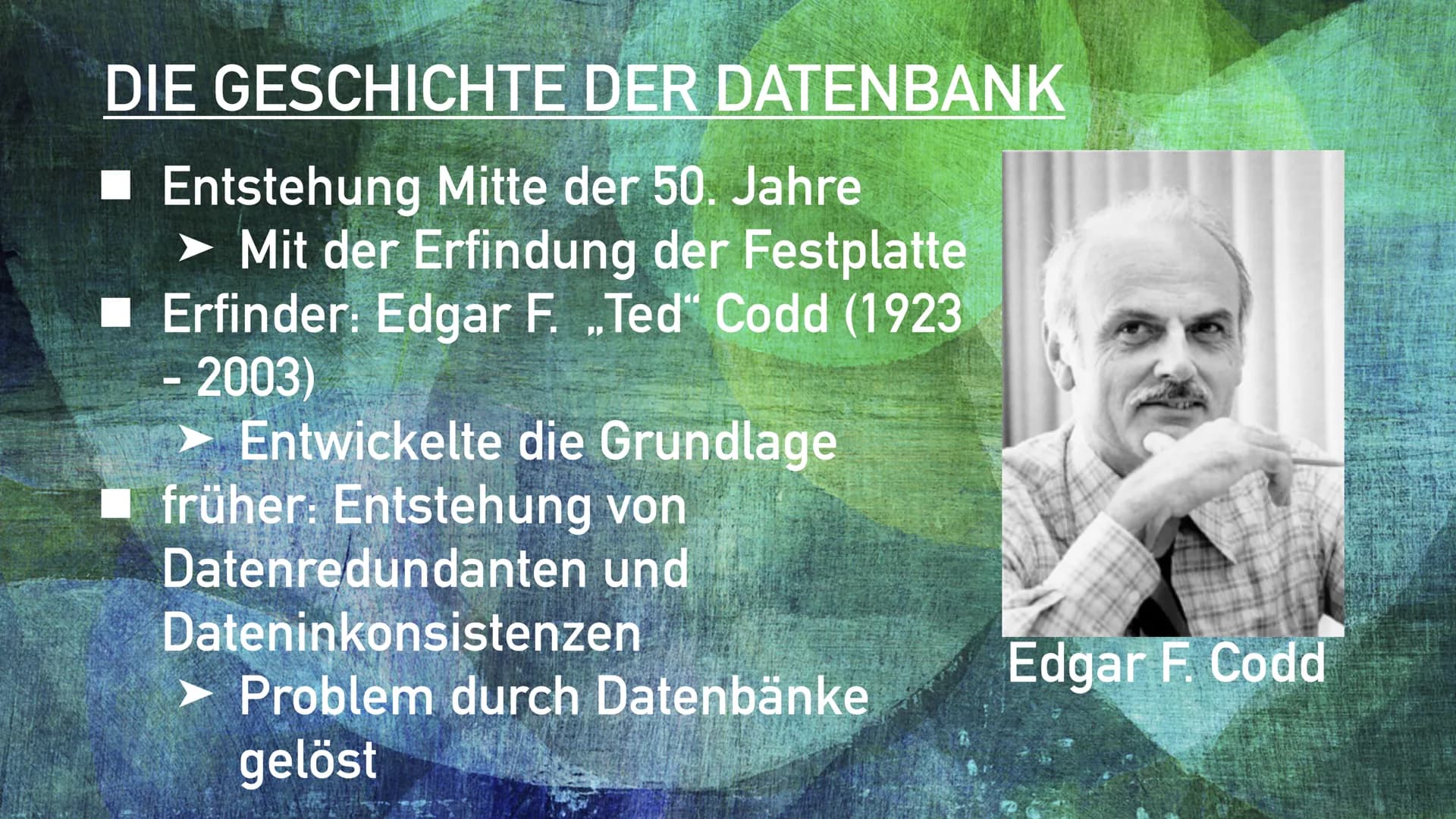DATENBANK
Datenschutz & SQL - Sprache INHALTSVERZEICHNIS
1. Die Geschichte der Datenbank
2. Was ist eine Datenbank?
3. Welche Komponenten gi