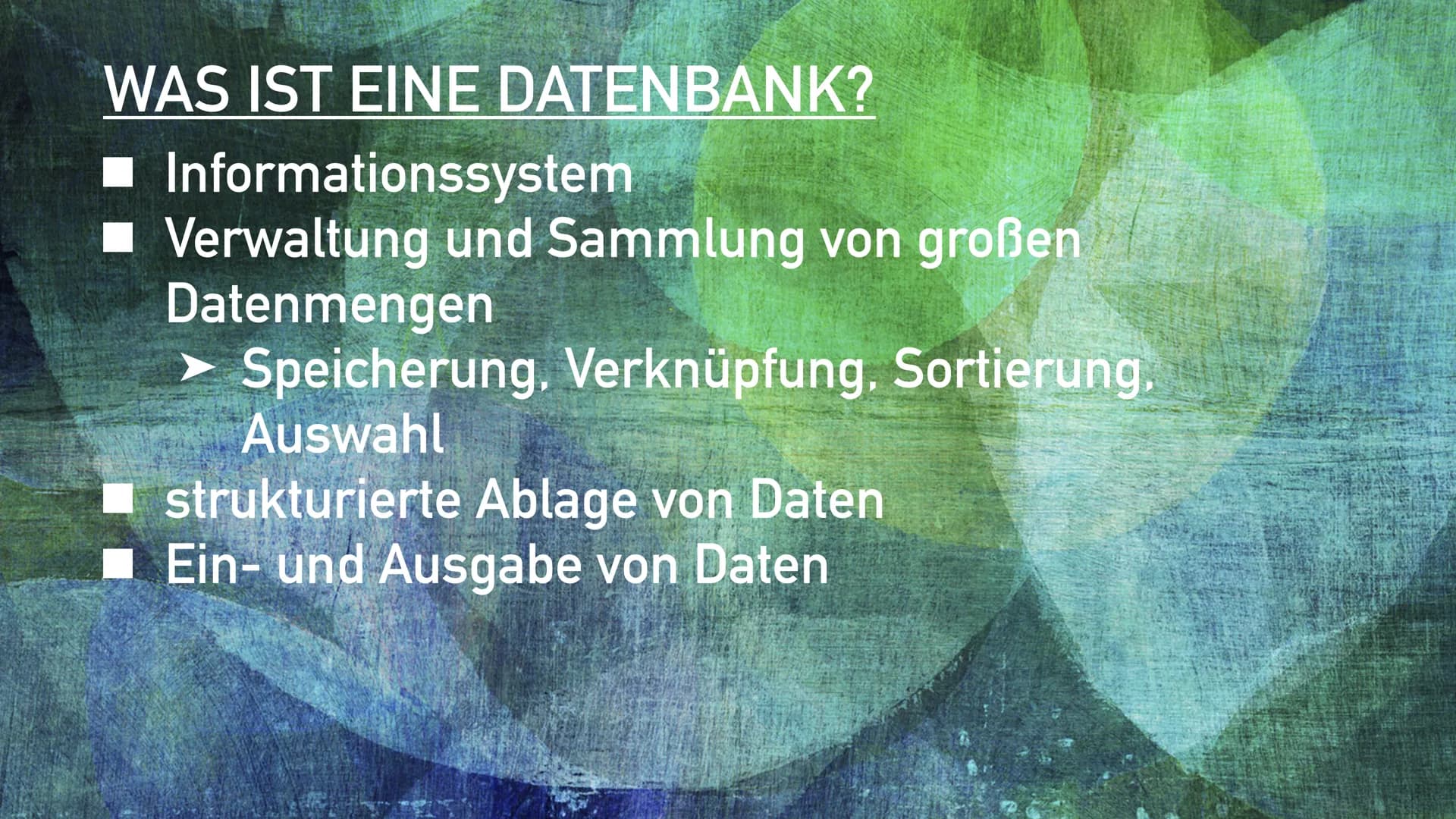 DATENBANK
Datenschutz & SQL - Sprache INHALTSVERZEICHNIS
1. Die Geschichte der Datenbank
2. Was ist eine Datenbank?
3. Welche Komponenten gi
