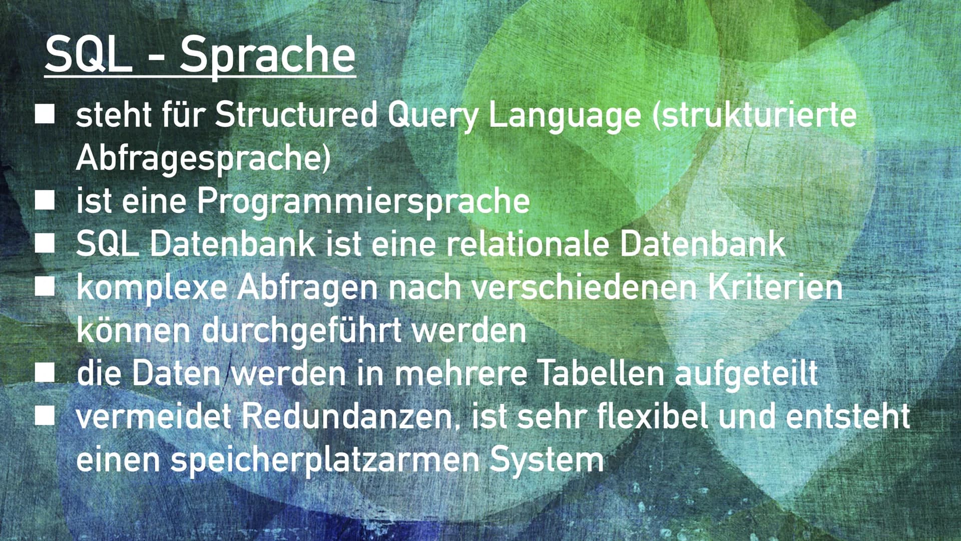 DATENBANK
Datenschutz & SQL - Sprache INHALTSVERZEICHNIS
1. Die Geschichte der Datenbank
2. Was ist eine Datenbank?
3. Welche Komponenten gi