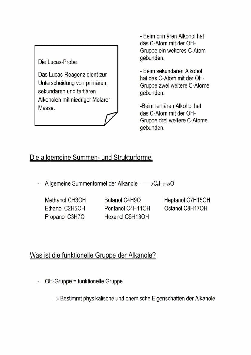 Was sind Alkanole?
Alkande
Die allgemeine Summen- und Strukturformel
Was ist die funktionelle Gruppe der Alkanole?
Wofür werden sie verwende