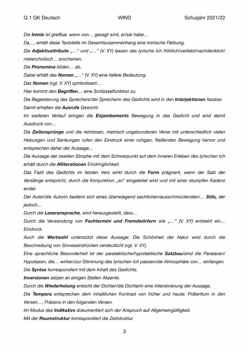 Q 1 GK Deutsch
WIND
Formulierungshilfen für die Gedichtanalyse
Vorbemerkung: Die Formulierungshilfen sind selbstverständlich auch auf andere