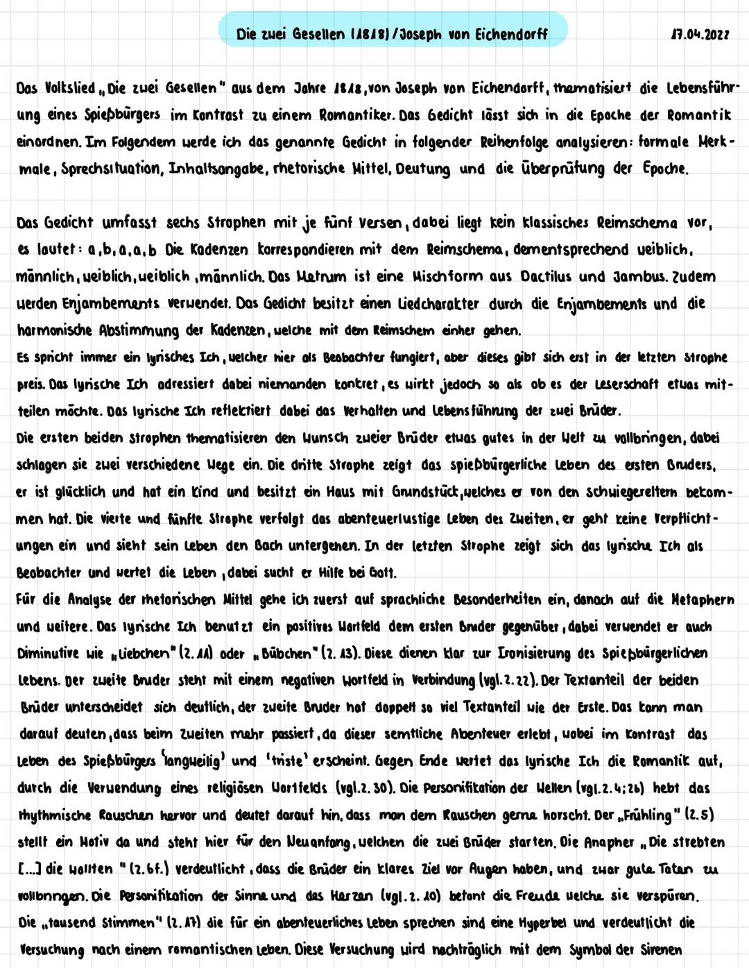 Die zwei Gesellen (1818)/Joseph von Eichendorff
17.04.2022
Das Volkslied, Die zwei Gesellen" aus dem Jahre 1818, von Joseph von Eichendorff,