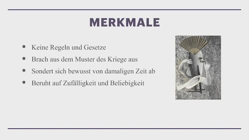 Z
DADAISMUS
Helen Was ist Dadaismus?
Geschichte und Entstehung
• Merkmale
Wofür steht die Bewegung?
• Ziele der Bewegung
Gedichte
• Heutige 