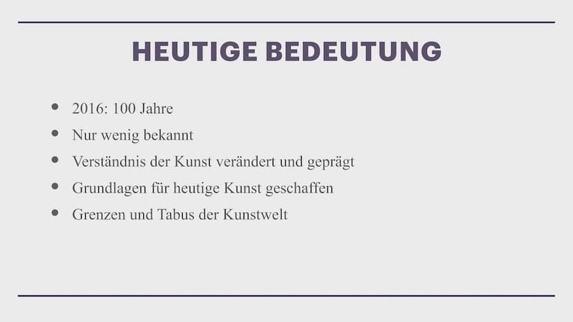 Z
DADAISMUS
Helen Was ist Dadaismus?
Geschichte und Entstehung
• Merkmale
Wofür steht die Bewegung?
• Ziele der Bewegung
Gedichte
• Heutige 