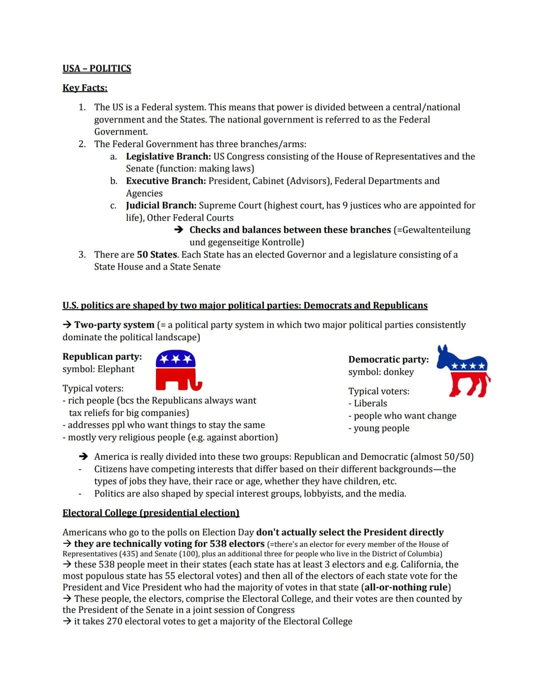 USA - POLITICS
Key Facts:
1.
The US is a Federal system. This means that power is divided between a central/national
government and the Stat