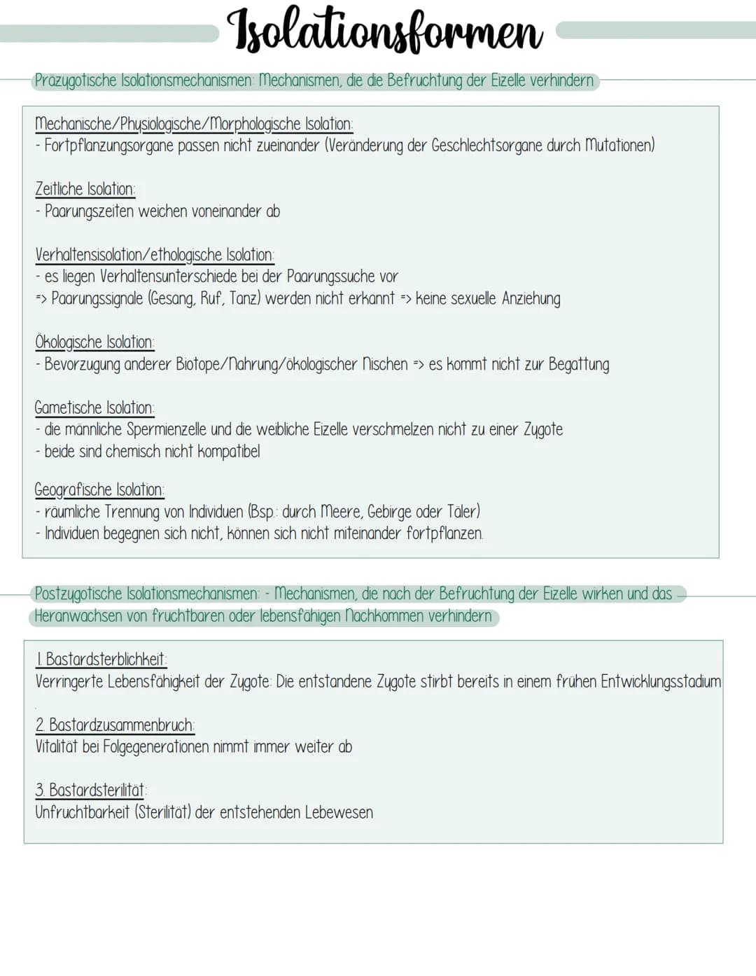 Isolationsformen
Präzygotische Isolationsmechanismen: Mechanismen, die die Befruchtung der Eizelle verhindern
Mechanische/Physiologische/Mor