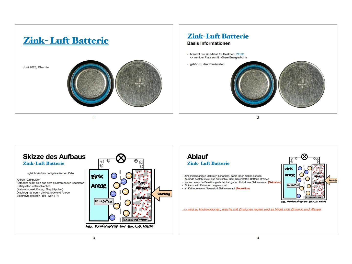 Zink-Luft Batterie
Juni 2023, Chemie
Skizze des Aufbaus
Zink-Luft Batterie
-gleicht Aufbau der galvanischen Zelle:
Anode: Zinkpulver
Kathode
