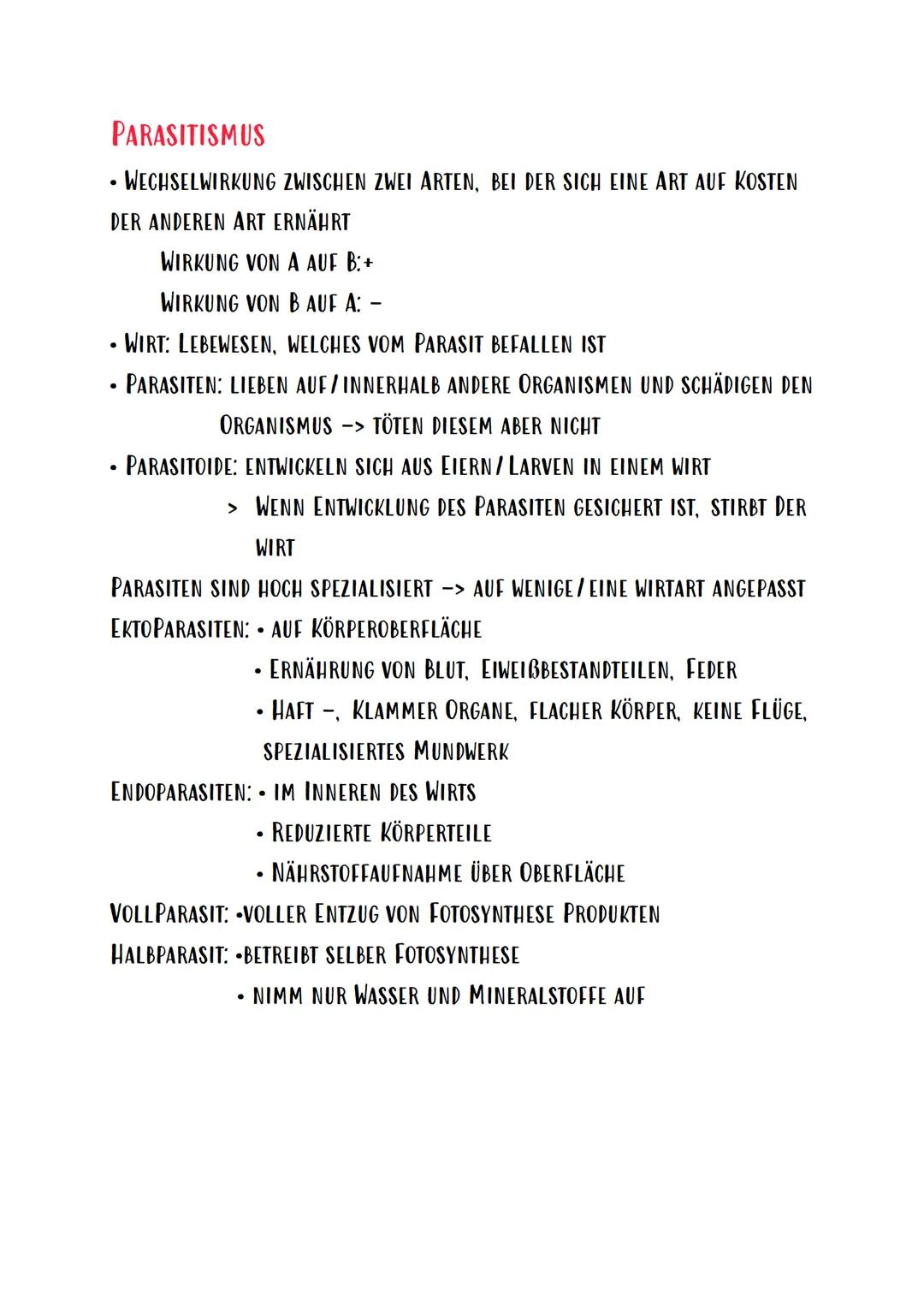 PARASITISMUS
• WECHSELWIRKUNG ZWISCHEN ZWEI ARTEN, BEI DER SICH EINE ART AUF KOSTEN
DER ANDEREN ART ERNÄHRT
●
●
WIRKUNG VON A AUF B:+
WIRKUN