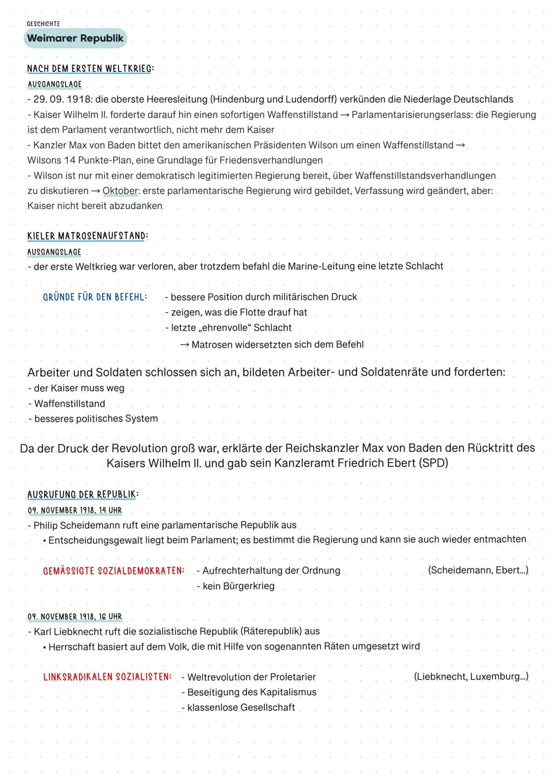 GESCHICHTE
Weimarer Republik
NACH DEM ERSTEN WELTKRIEG:
AUSGANGSLAGE
- 29. 09. 1918: die oberste Heeresleitung (Hindenburg und Ludendorff) v