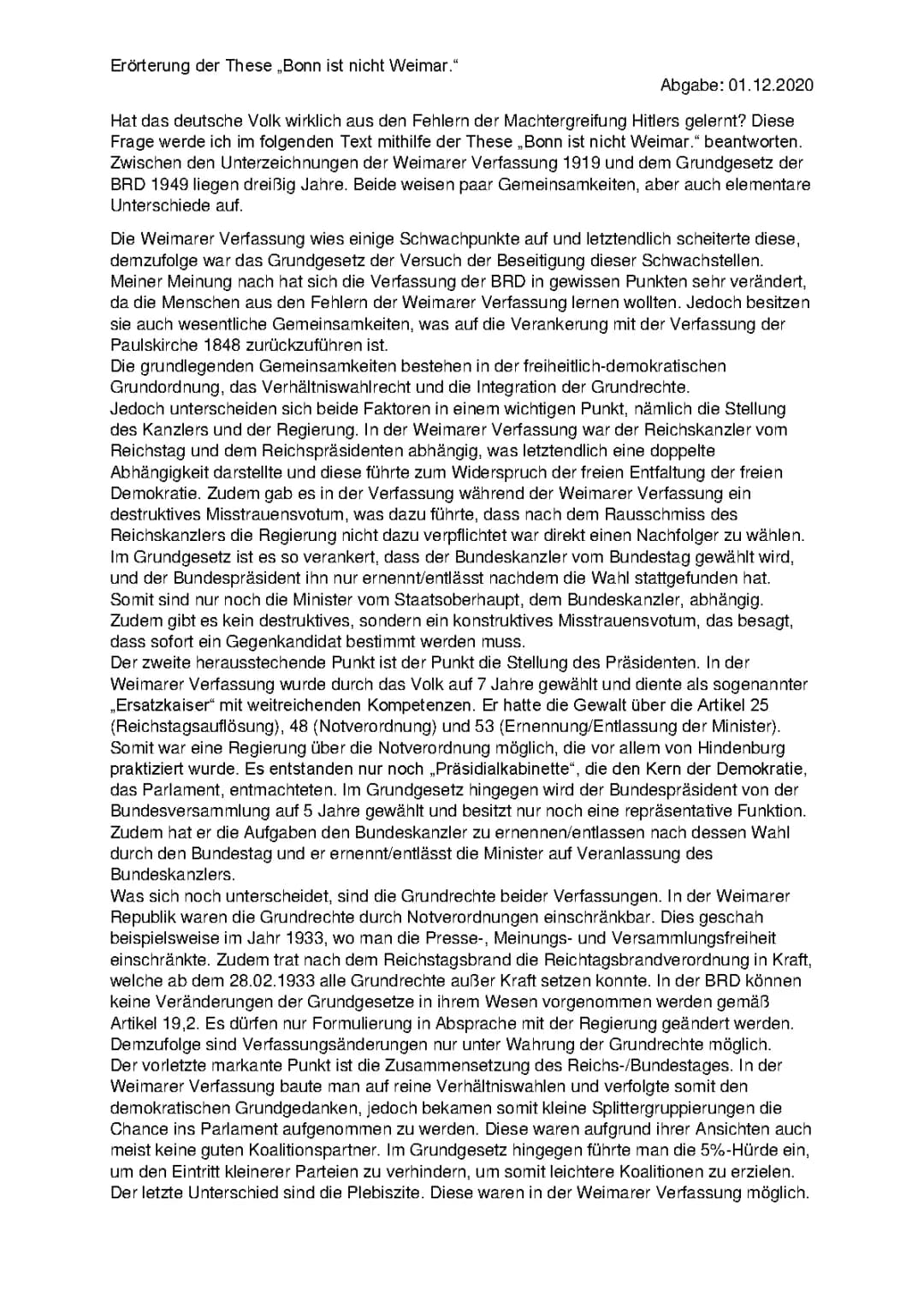 Bonn ist nicht Weimar Erklärung: Der Weg zum Grundgesetz und die Weimarer Verfassung