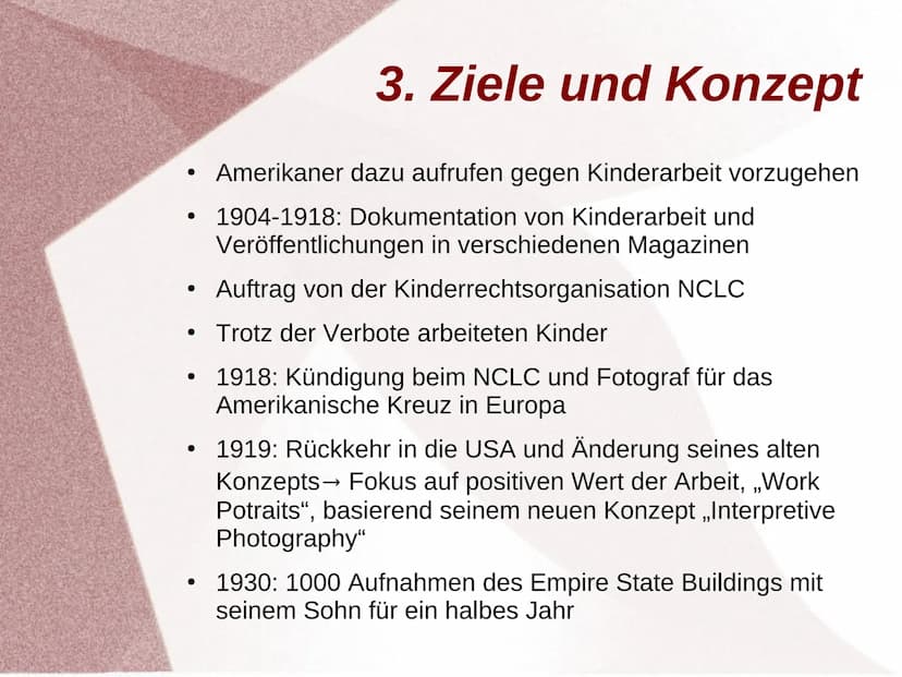 Lewis Hine Gliederung
1. Werdegang
2. künstlerische Position, Sichtweise und Haltung des
Künstlers
3. Ziele und Konzepte
4. Arbeit (Kamera, 