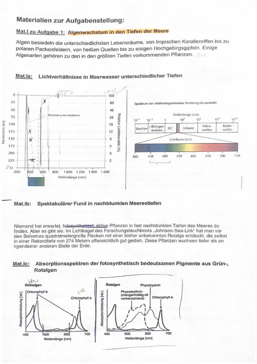 Thema: Fotosynthese
1. Algenwachstum in den Tiefen der Meere (s. Mat.I)
1.1
1.2
Beschreibe die Lichtverhältnisse in unterschiedlichen Meeres