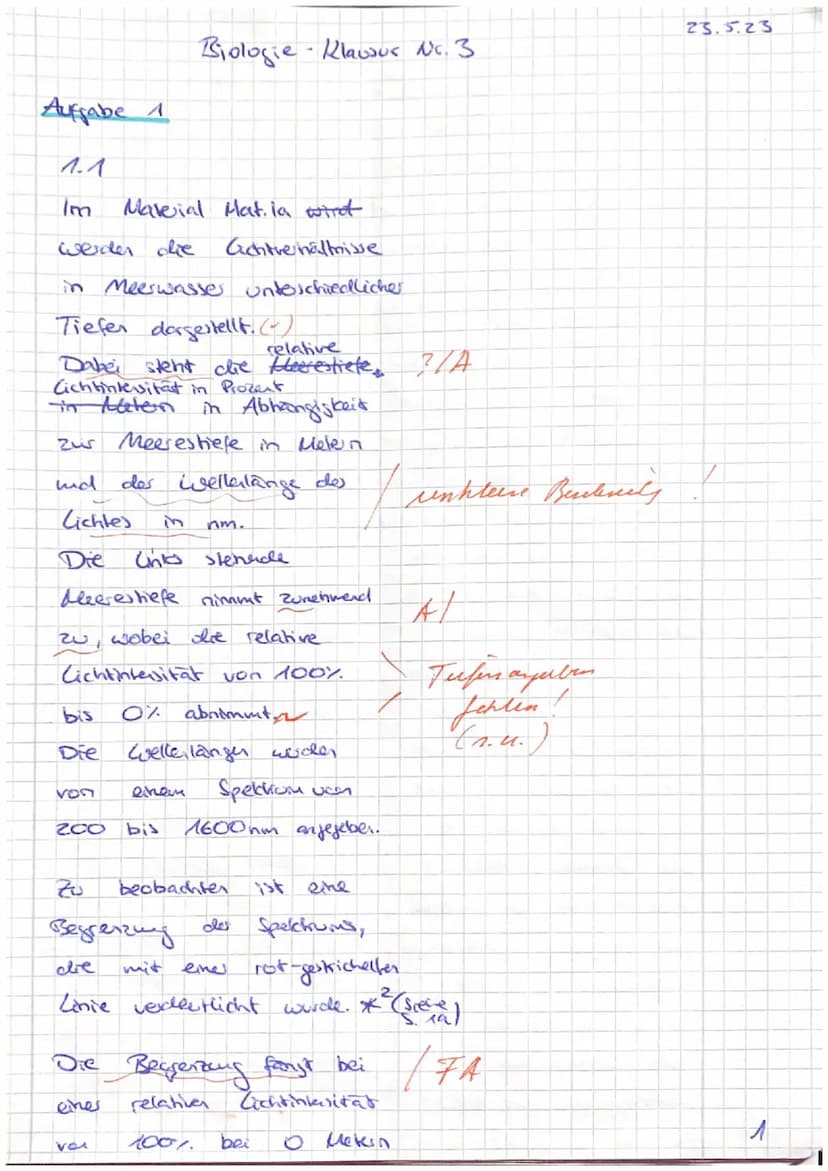 Thema: Fotosynthese
1. Algenwachstum in den Tiefen der Meere (s. Mat.I)
1.1
1.2
Beschreibe die Lichtverhältnisse in unterschiedlichen Meeres
