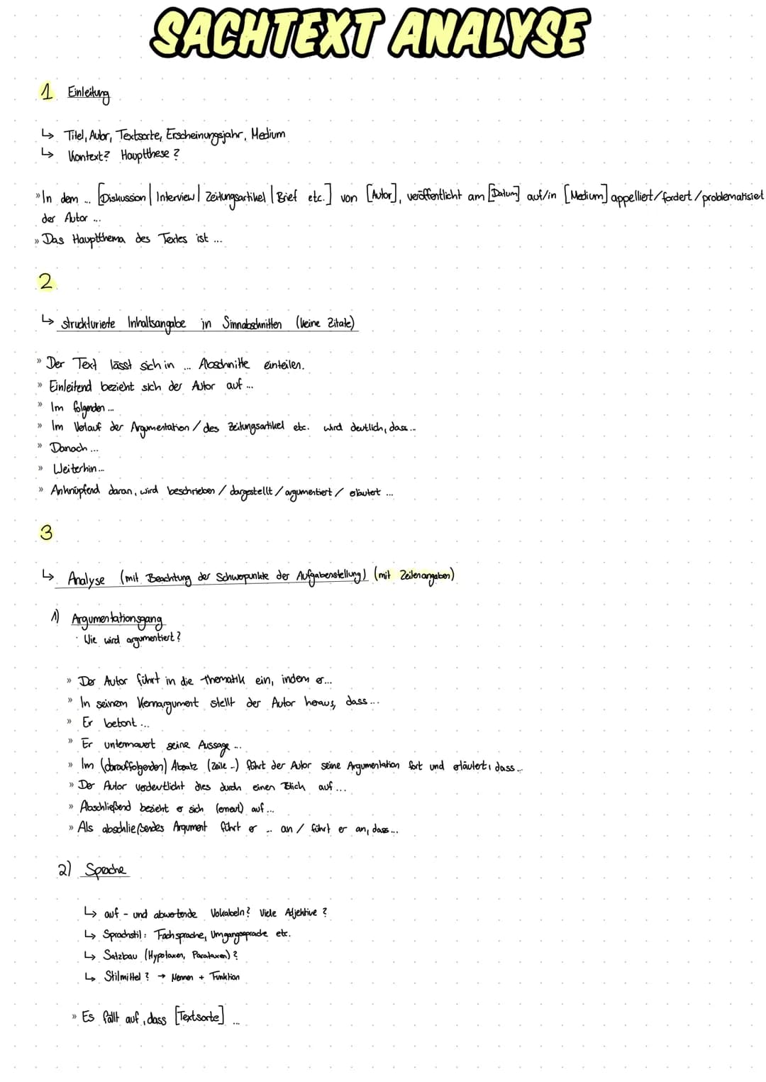 SACHTEXT ANALYSE
1 Einleitung
↳ Titel, Autor, Textsorte, Erscheinungsjahr, Medium
↳ Kontext? Hauptthese?
"In dem ... [Diskussion | Interview