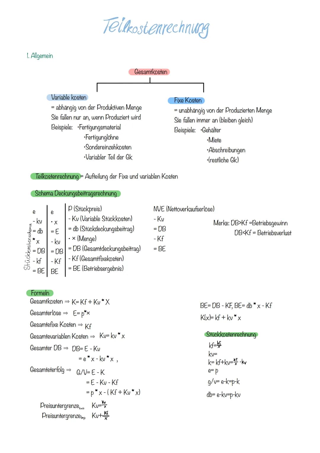 1. Allgemein
ischema
e
- ku
= db
Tellkostenrechnung
Variable kosten
= abhängig von der Produktiven Menge
Sie fallen nur an, wenn Produziert 