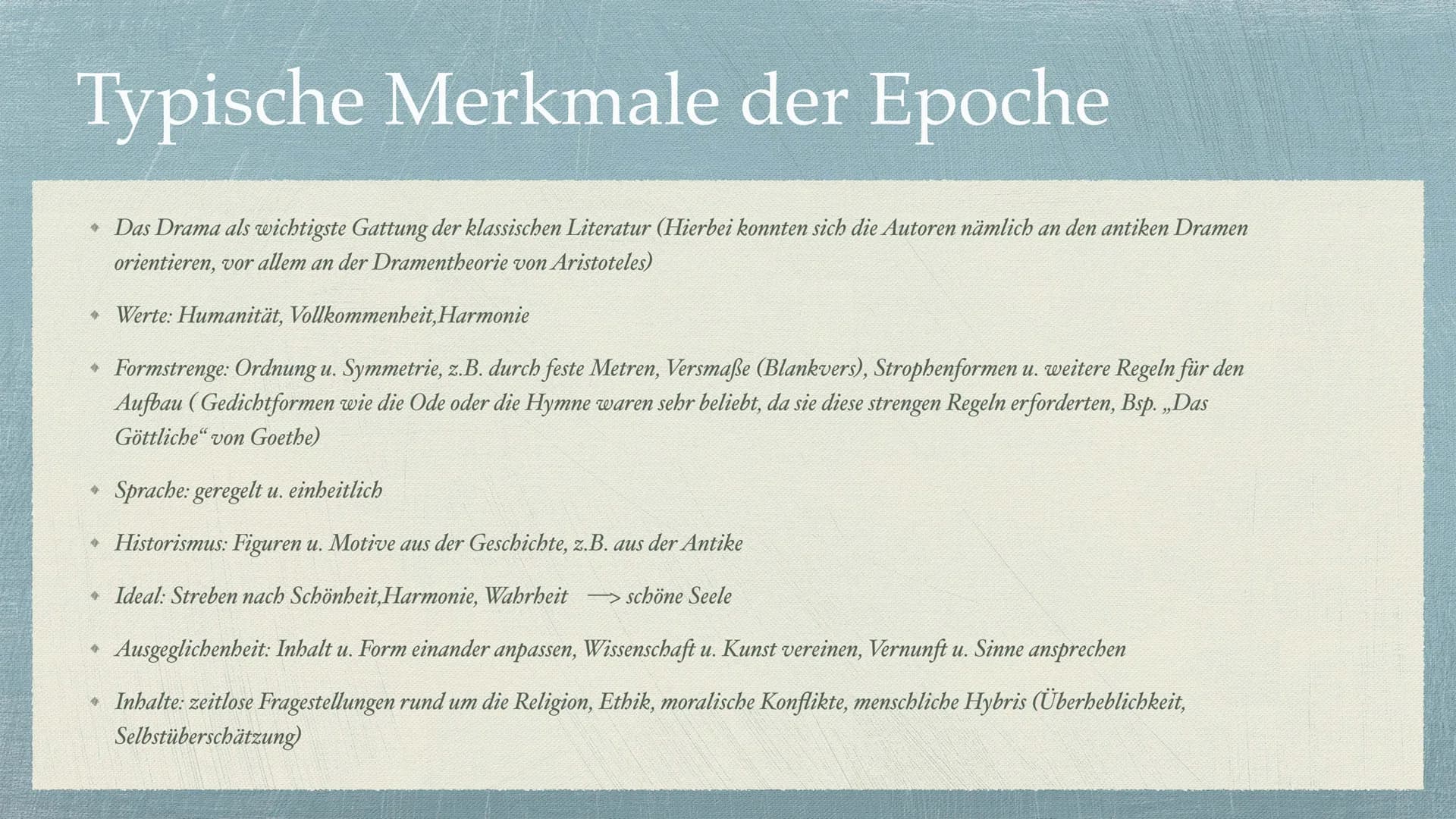 Die Epoche der Klassik Inhaltsverzeichnis
→ Seite 3: Allgemeine Informationen
Seite 4: Geschichtliches Hintergrundwissen
* Seite 5: Typische