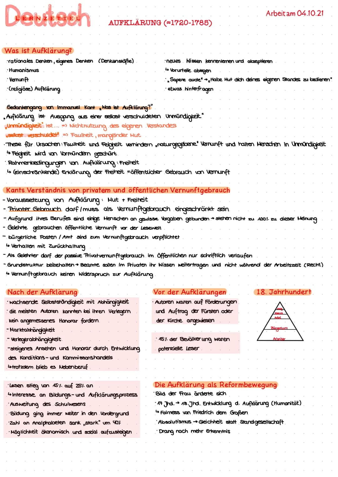 ZETTEL
Was ist Aufklärung?
rationales Denken, eigenes Denken (Denkanstöße)
•Humanismus
*Vernunft
(religiöse) Aufklärung
AUFKLÄRUNG (≈1720-17