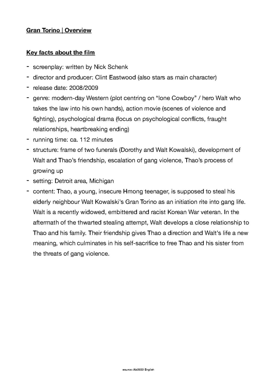 Overview Gran Torino - Abitur 2023 Zusammenfassung