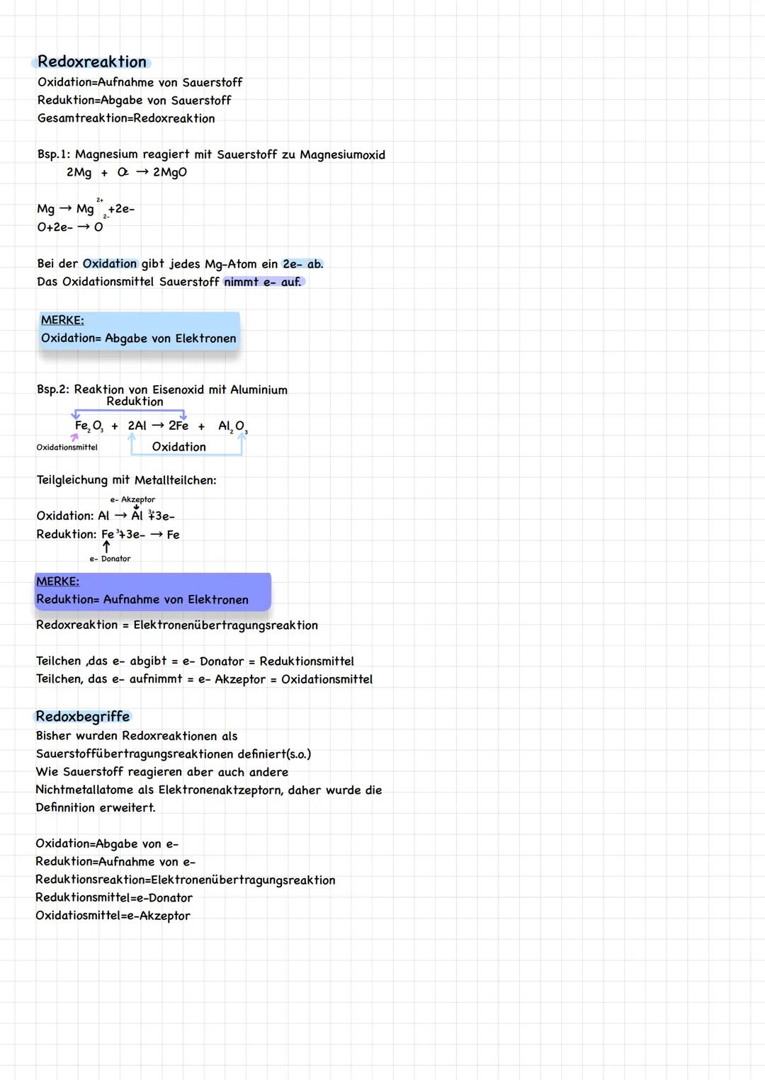 Redoxreaktion
Oxidation=Aufnahme von Sauerstoff
Reduktion=Abgabe von Sauerstoff
Gesamtreaktion=Redoxreaktion
Bsp.1: Magnesium reagiert mit S