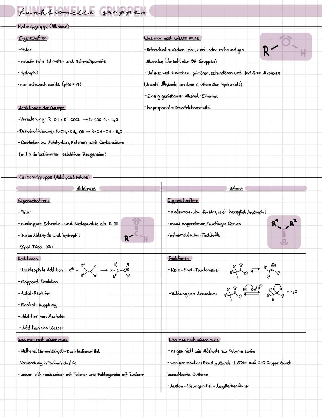 funktionelle gruppen
•Hydroxygruppe (Alkohole)-
Eigenschaften:
-Polar
- relativ hohe Schmelz- und Schmelzpunkte
-Hydrophil
- nur schwach aci