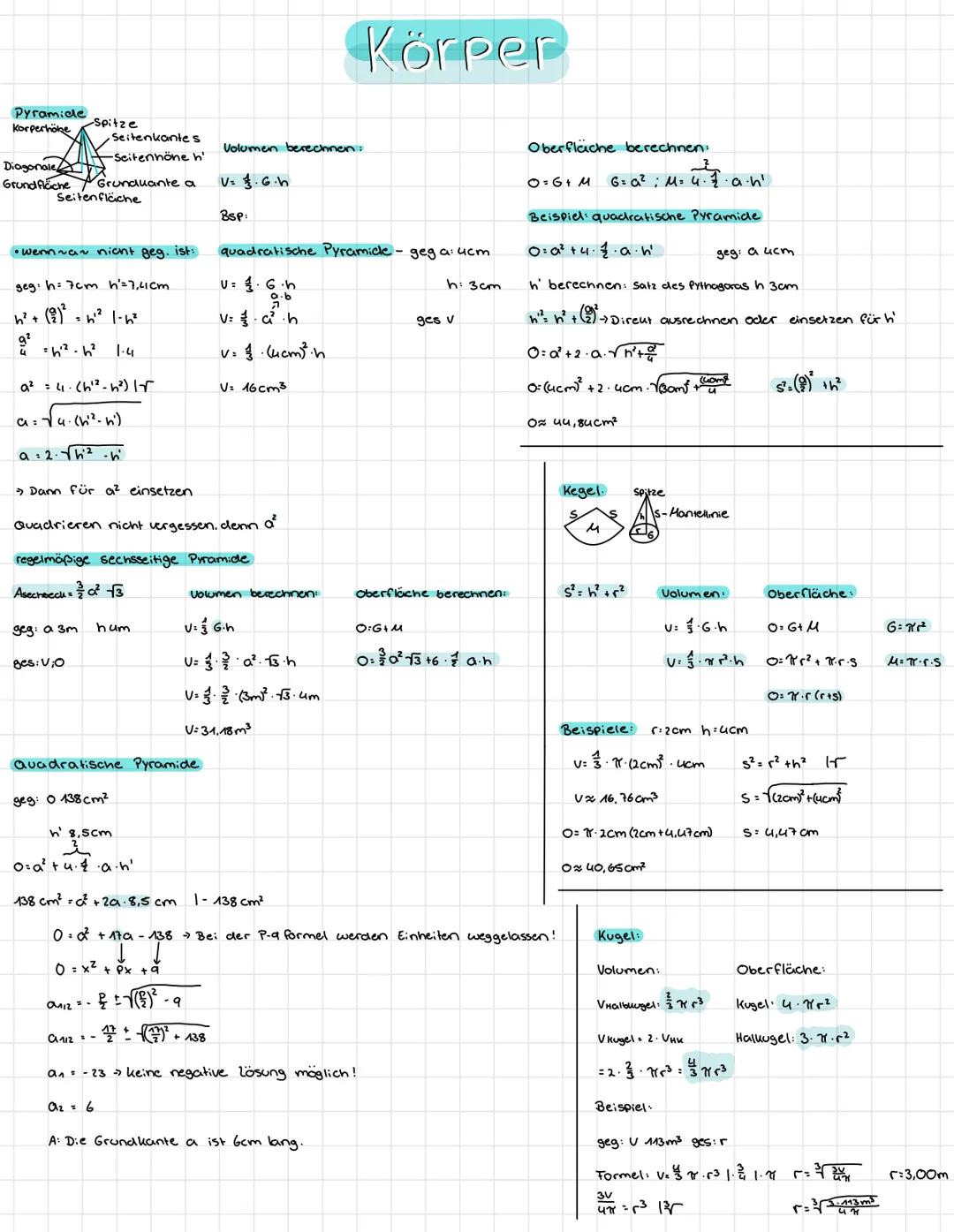 # Körper

Pyramide

-Spitze
Korperhöne
Seitenkantes
Volumen berechnen:
-Seitenhöne h'
Diagonale
Grundfläche
Grunduante a
V.6.h
Seitenfläche
