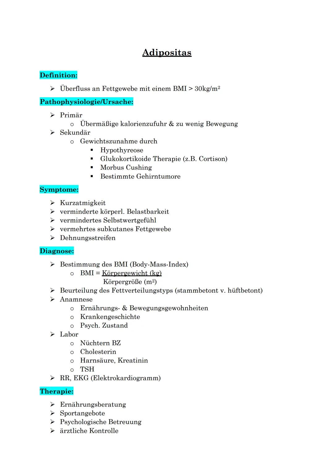 Definition:
➤ Überfluss an Fettgewebe mit einem BMI > 30kg/m²
Pathophysiologie/Ursache:
➤ Primär
o Übermäßige kalorienzufuhr & zu wenig Bewe