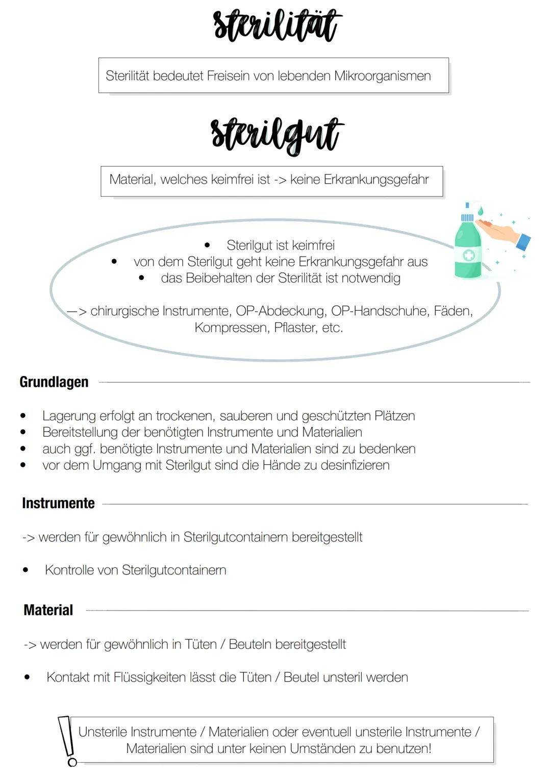 OP-Grundlagen
sterilität & sterilgut # Sterilität

Sterilität bedeutet Freisein von lebenden Mikroorganismen

# sterilgut

Material, welches