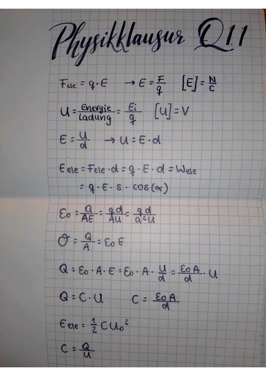 Physikklausur Q11
Fele = q⋅E → E = € [E] = N
F
q
U = Energie = Ei [u] = v
ladung q
E = y → U÷E.d
u
Eete Fete ·d=9·E·d = Wele
• q. E. S. cos(