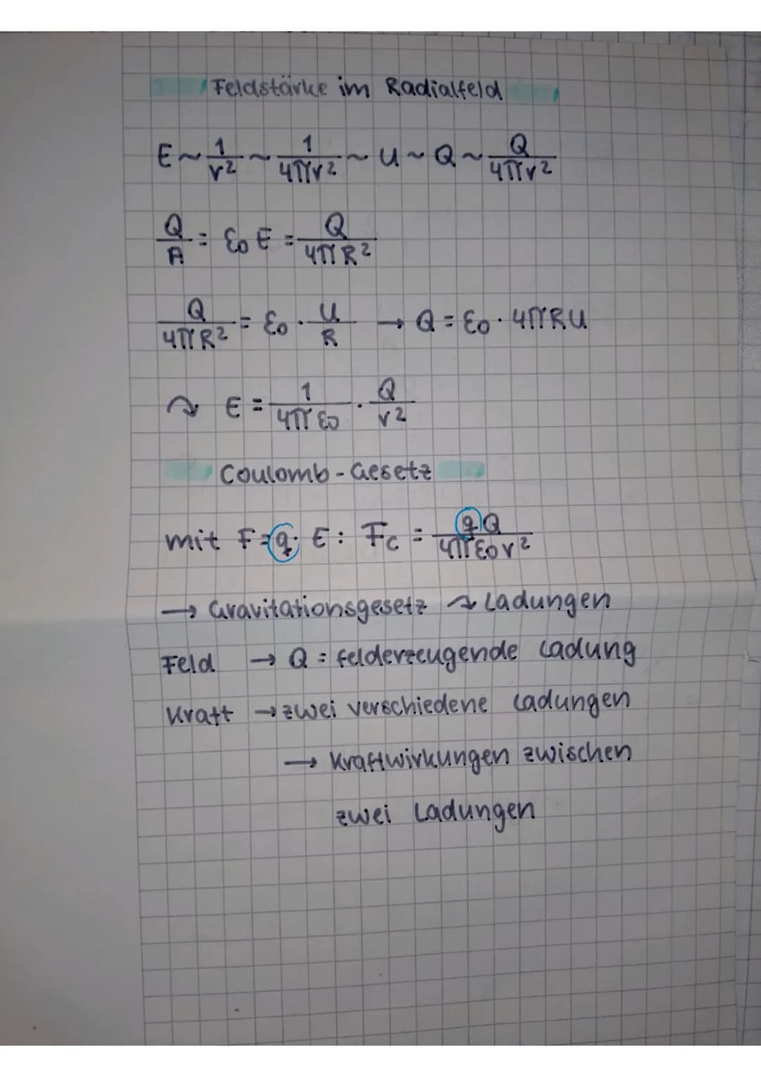 Physikklausur Q11
Fele = q⋅E → E = € [E] = N
F
q
U = Energie = Ei [u] = v
ladung q
E = y → U÷E.d
u
Eete Fete ·d=9·E·d = Wele
• q. E. S. cos(