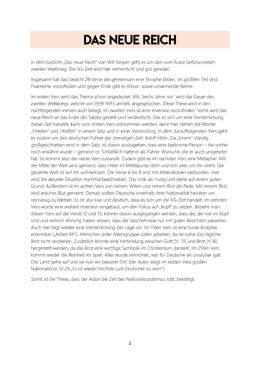 Das neue Reich - Gedichtsanalyse von Will Vesper