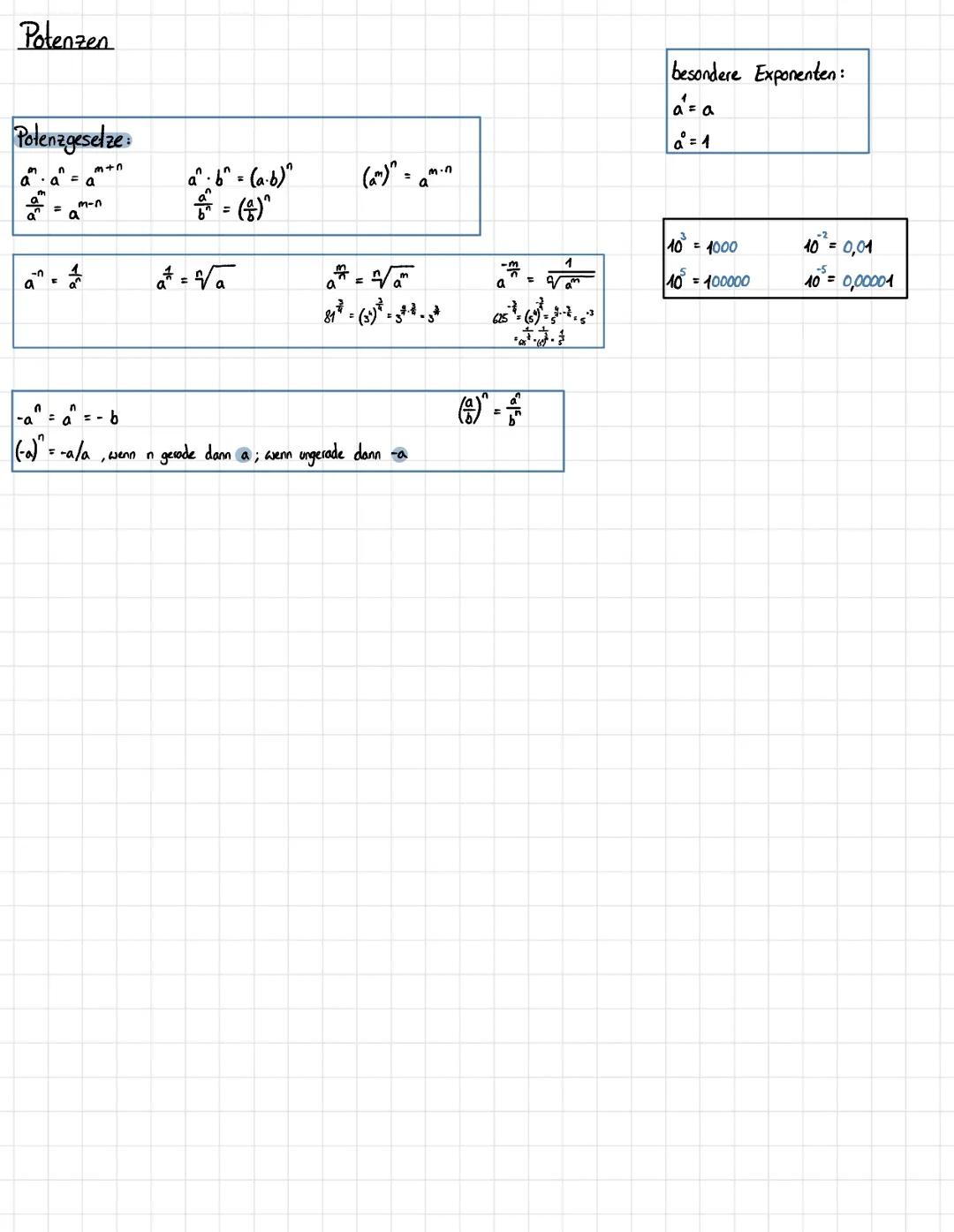 Potenzen
Polenzgesetze
m
n
a a = a
-n
m+n
a
m-n
a
0
n
-a = a = b
(-a)" =-a/a
, wenn n
a^ b^ = (a.b)^
^2 = (^)^
=
3
a
(am)" =
=
=
E
gerade da