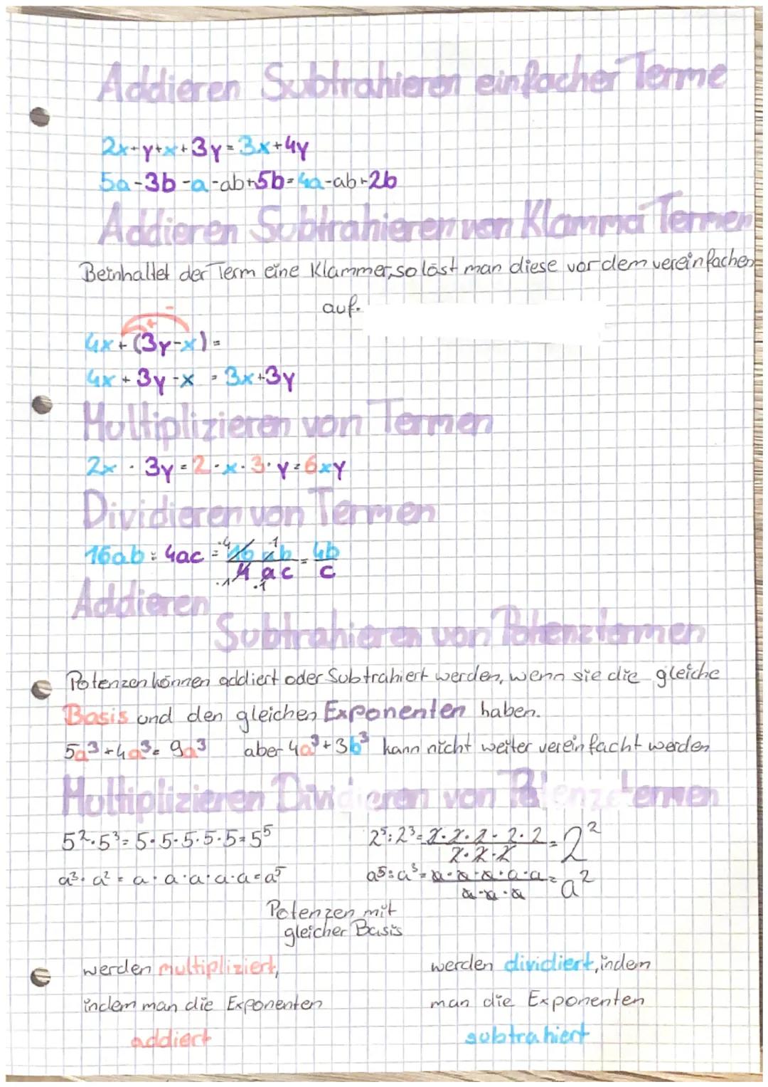 Addieren Subtrahieren einfacher Terme
2x+y+ x + 3y = 3x+4y
5a-3b-a-ab+5b=4a-ab+26
Addieren Subtrahieren von Klamma Termen
Beinhaltet der Ter