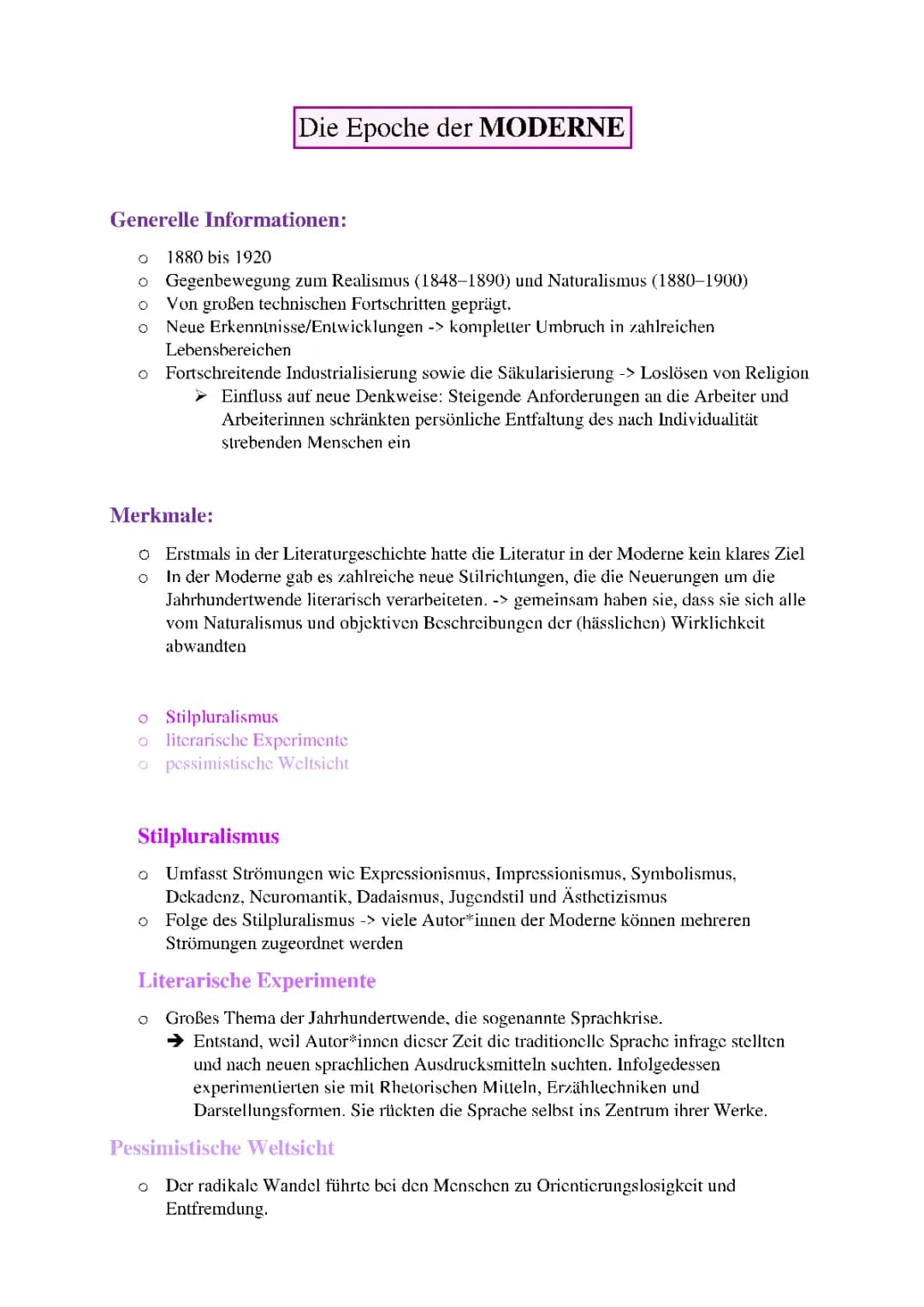 Deutsch - Lyrik - Epochen - Moderne
