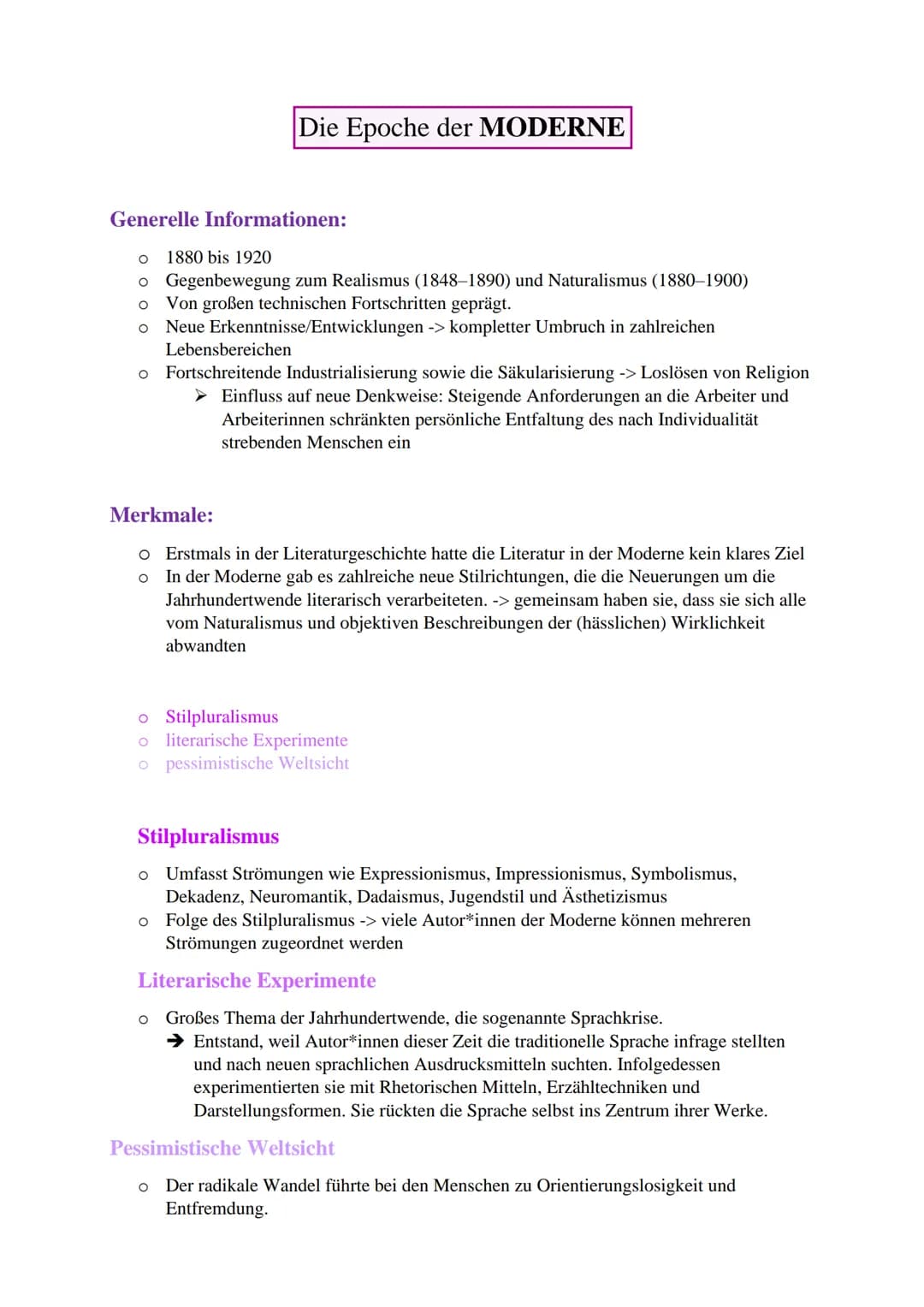 Die Epoche der MODERNE
Generelle Informationen:
O 1880 bis 1920
o Gegenbewegung zum Realismus (1848-1890) und Naturalismus (1880-1900)
O Von