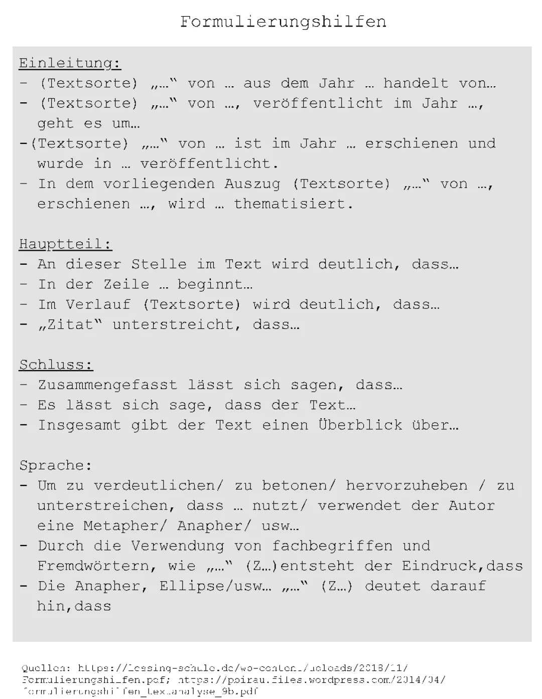 Textanalyse Beispiel und Aufbau PDF - Formulierungshilfen für Analyse und Erörterung