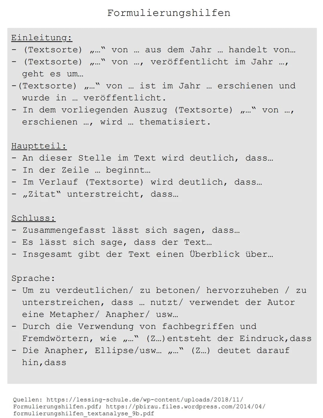 Einleitung:
(Textsorte)
(Textsorte)
geht es um...
- (Textsorte) ..." von ist im Jahr ... erschienen und
veröffentlicht.
-
-
Formulierungshil