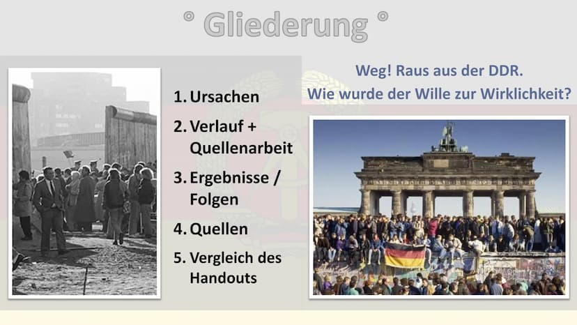 Die friedliche Revolution
1989
ALL
MAVER DROI
JAY
NO (0)
Gliederung
1. Ursachen
2. Verlauf +
Quellenarbeit
3. Ergebnisse/
Folgen
4. Quellen
