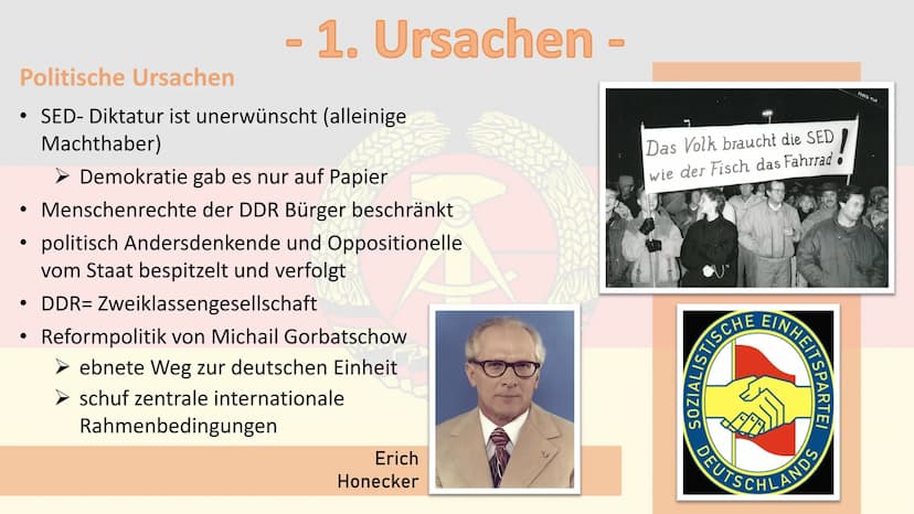 Die friedliche Revolution
1989
ALL
MAVER DROI
JAY
NO (0)
Gliederung
1. Ursachen
2. Verlauf +
Quellenarbeit
3. Ergebnisse/
Folgen
4. Quellen

