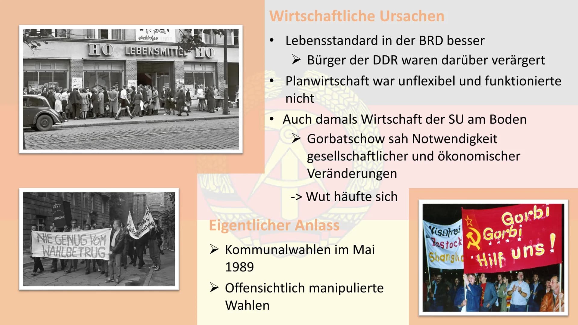 Die friedliche Revolution
1989
ALL
MAVER DROI
JAY
NO (0)
Gliederung
1. Ursachen
2. Verlauf +
Quellenarbeit
3. Ergebnisse/
Folgen
4. Quellen
