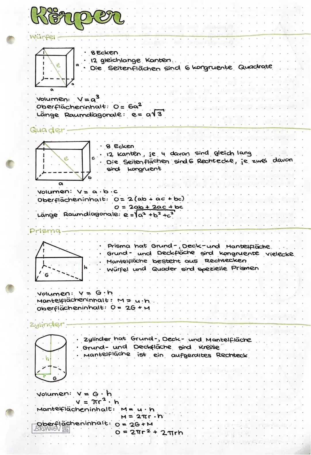 # Körper

Würfel

e

*   8 Ecken
*   12 gleichlange Kanten..
*   Die Seitenflächen sind 6 kongruente Quadrate

Volumen: V=a³
Oberflächeninha