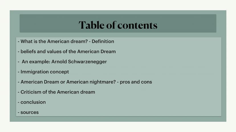 3
The American Dream
immlynwmmm
willindy Mratibuvshve
2 Table of contents
- What is the American dream? - Definition
- beliefs and values of