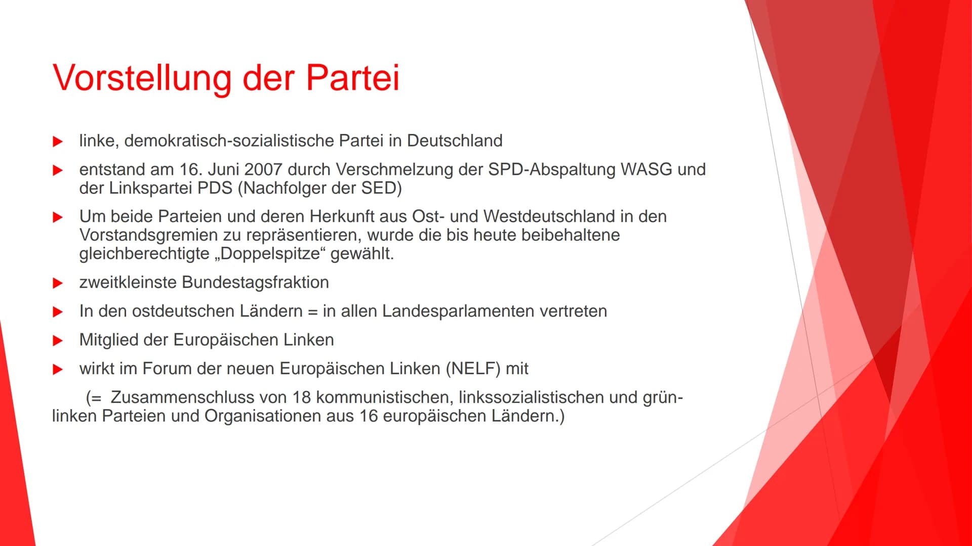 DIE LINKE. Inhaltsverzeichnis
1. Vorstellung der Partei
2. Wer ist in der Partei vertreten?
3. Generelle Fakten
4. Spitzenkandidaten für die