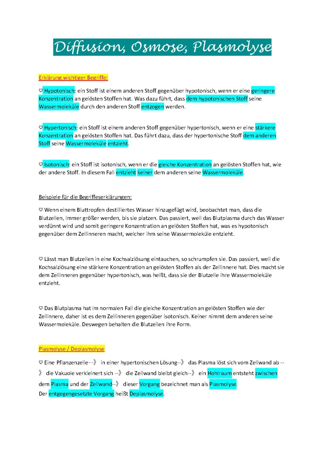 Diffusion, Hypotonisch, Hypertonisch, Plasmolyse, Osmose, isotonisch