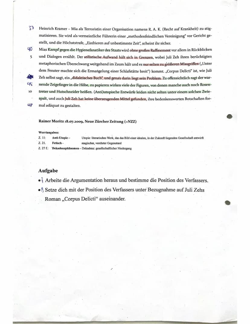 5
10
15
20
25
30
35
J1 - Deutsch Leistungsfach: Klausur Nr. 2 20.12.202
Erörterung eines literarischen Textes
Thema Juli Zeh: Corpus Delicti