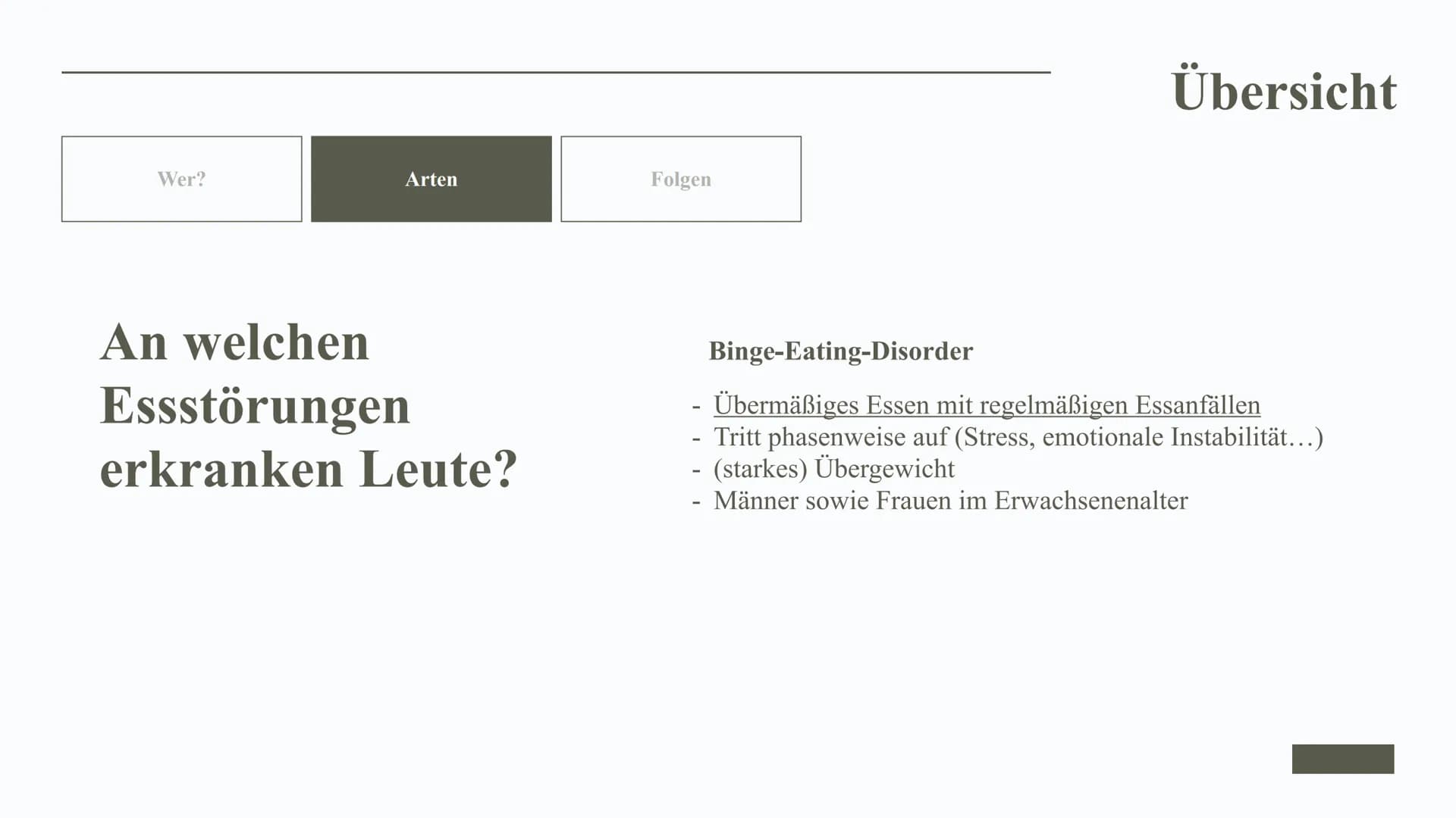 26.01.2022
Essstörungen
& ihre Auswirkungen
Leonie Eisenhut 2
E
1
3
@meandmyed art
Gliederung
01. Definition
02. Auslöser
03. Übersicht
04.
