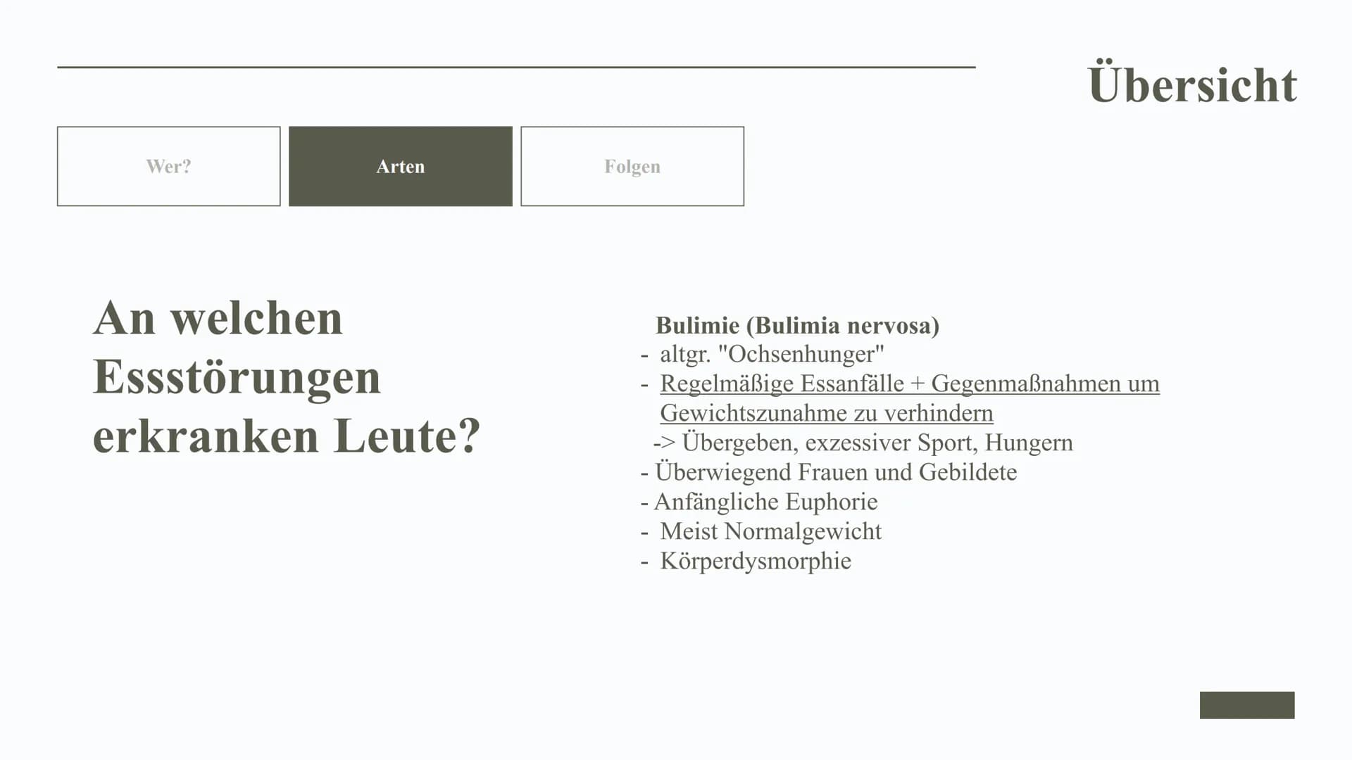 26.01.2022
Essstörungen
& ihre Auswirkungen
Leonie Eisenhut 2
E
1
3
@meandmyed art
Gliederung
01. Definition
02. Auslöser
03. Übersicht
04.
