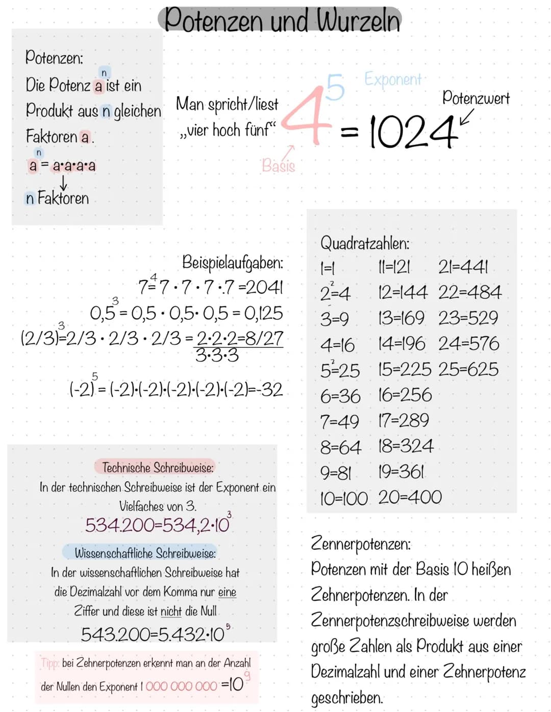Potenzen:
n
Die Potenz a ist ein
Produkt aus n gleichen
Faktoren a.
n
a= aa a a
↓
n Faktoren
Potenzen und Wurzeln
Man spricht/liest
,,vier h