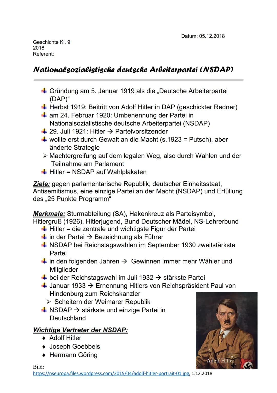 Geschichte Kl. 9
2018
Referent:
Nationalsozialistische deutsche Arbeiterpartei (NSDAP)
Gründung am 5. Januar 1919 als die Deutsche Arbeiterp