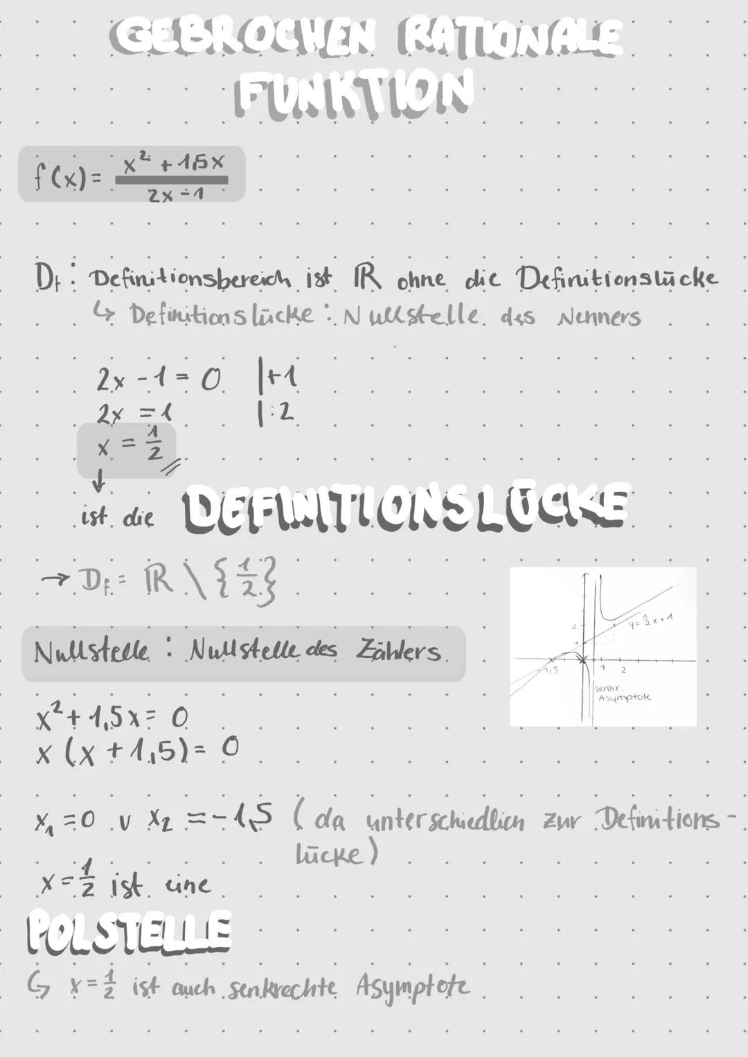# GEBROCHEN RATIONALE
# FUNKTION

$f(x) = \frac{x^2 + 1.5x}{2x-1}$

- Dr: Definitionsbereich ist IR ohne dic Definitionsstücke
  Definitions