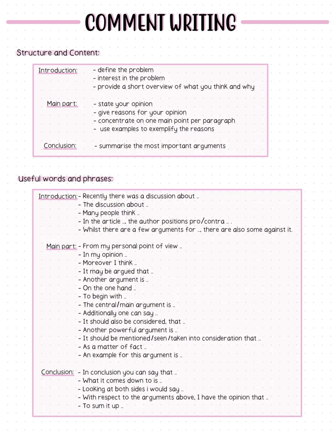 Structure and Content:
Introduction:
Main part:
COMMENT WRITING
Conclusion:
define the problem
- interest in the problem
- provide a short o